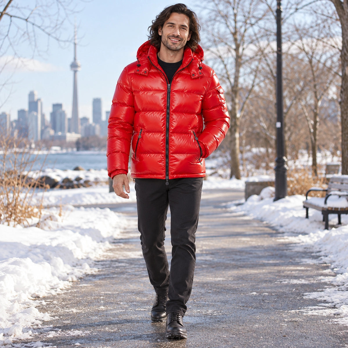 puffer jacket — Usa and Canada October–December 2; Red; complete product worn by a happy adult model — view 7