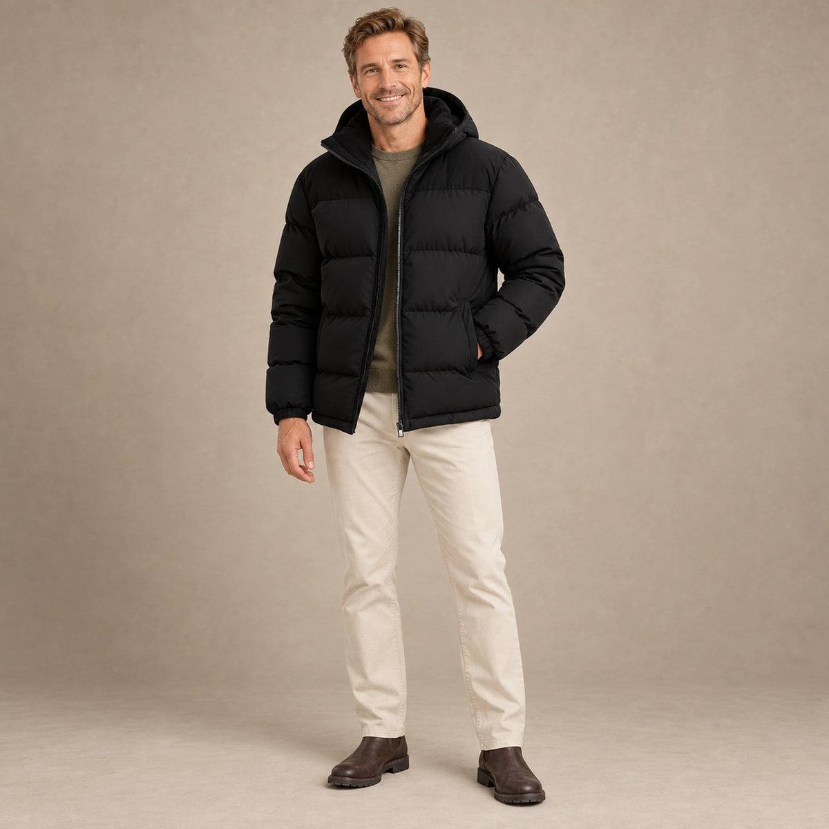 puffer jacket — Image; full front view; Black; complete product worn by a happy adult model