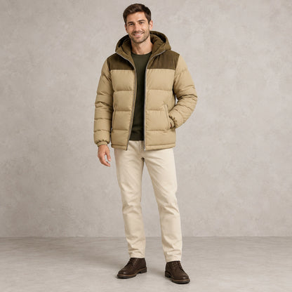 puffer jacket — Full front view; Khaki; complete product worn by a happy adult model — view 2
