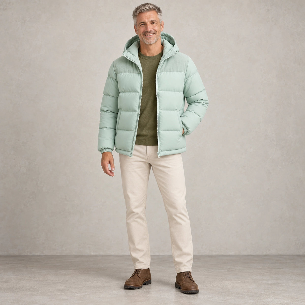 puffer jacket — Full front view; Pale Aqua; complete product worn by a happy adult model — view 3