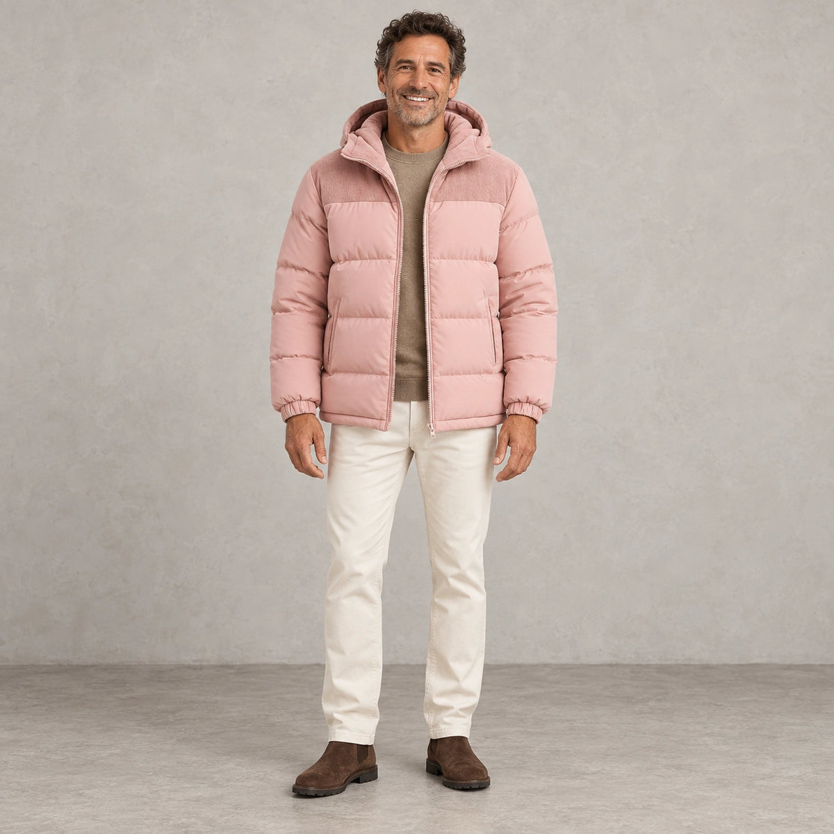 puffer jacket — Full front view; Dusty Pink; complete product worn by a happy adult model — view 5