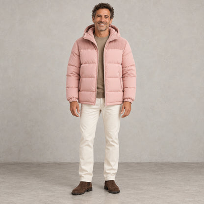 puffer jacket — Full front view; Dusty Pink; complete product worn by a happy adult model — view 5