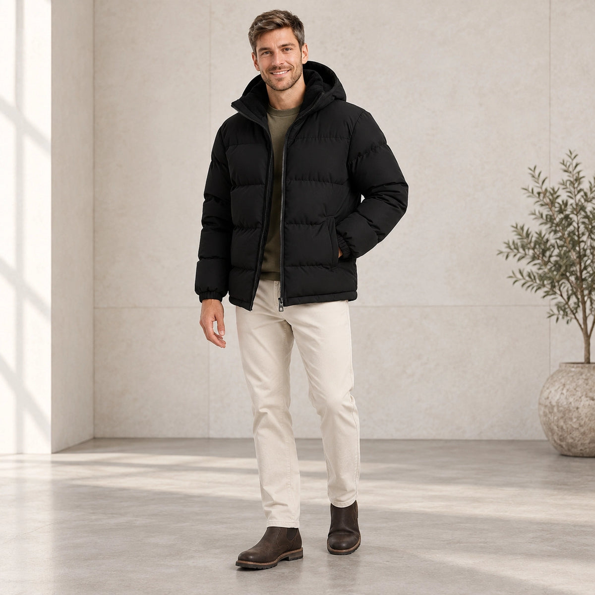 puffer jacket — Usa and Canada October–December three quarter view; Black; complete product worn by a happy adult — view 6