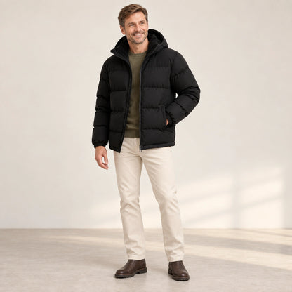 puffer jacket — Usa and Canada October–December alternate angle; Black; complete product worn by a happy adult model — view 7