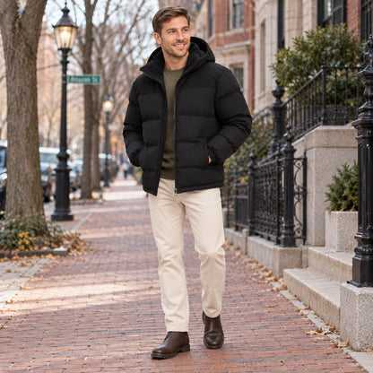puffer jacket — Usa and Canada October–December 1; Black; complete product worn by a happy adult model — view 8