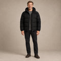 puffer jacket — Image; full front view; Black; complete product worn by a happy adult model