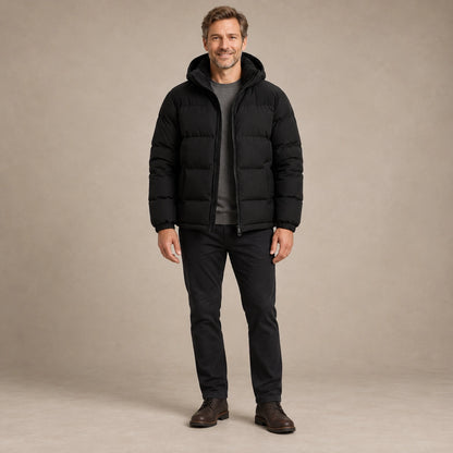 puffer jacket — Image; full front view; Black; complete product worn by a happy adult model