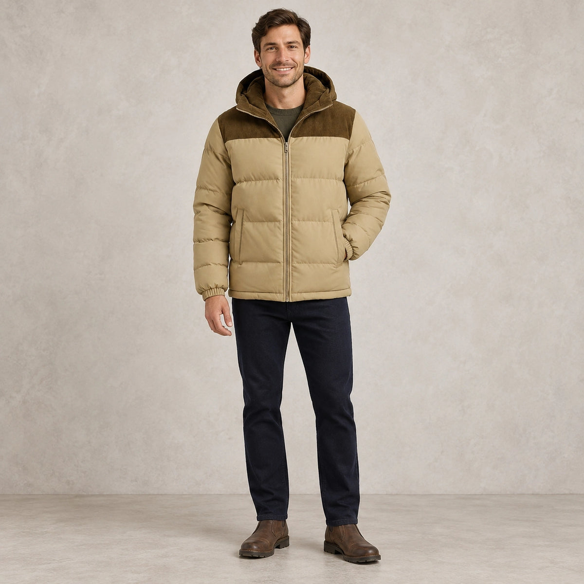 puffer jacket — Full front view; Khaki; complete product worn by a happy adult model — view 2