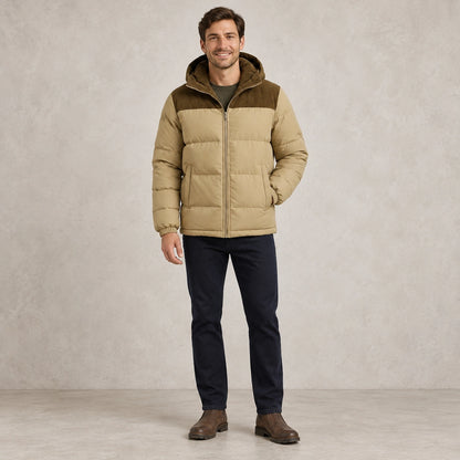 puffer jacket — Full front view; Khaki; complete product worn by a happy adult model — view 2