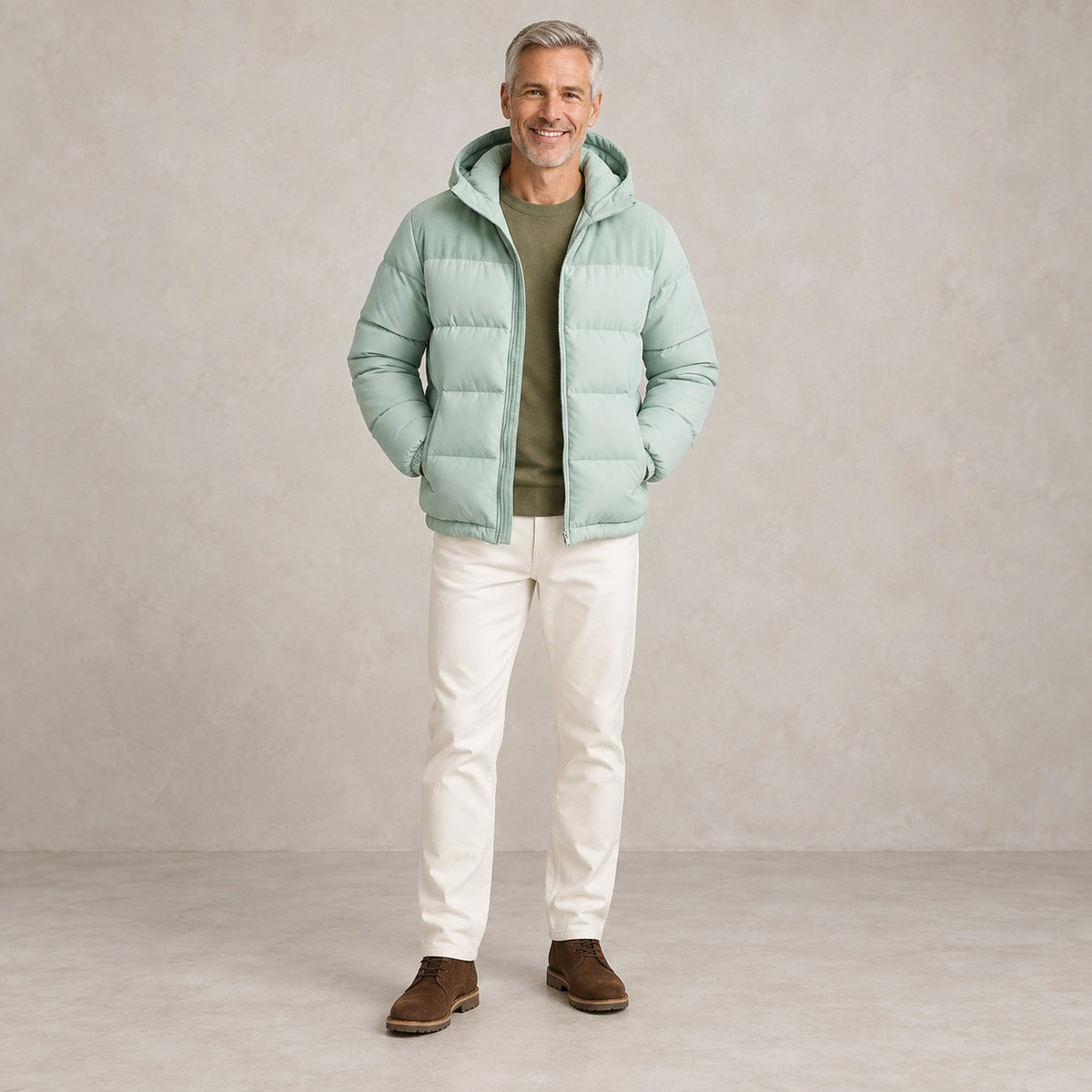 puffer jacket — Full front view; Pale Aqua; complete product worn by a happy adult model — view 3