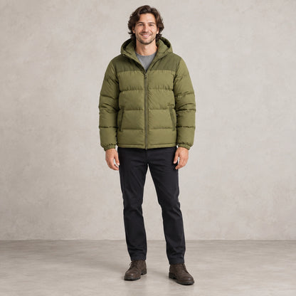 puffer jacket — Full front view; Olive Green; complete product worn by a happy adult model — view 4