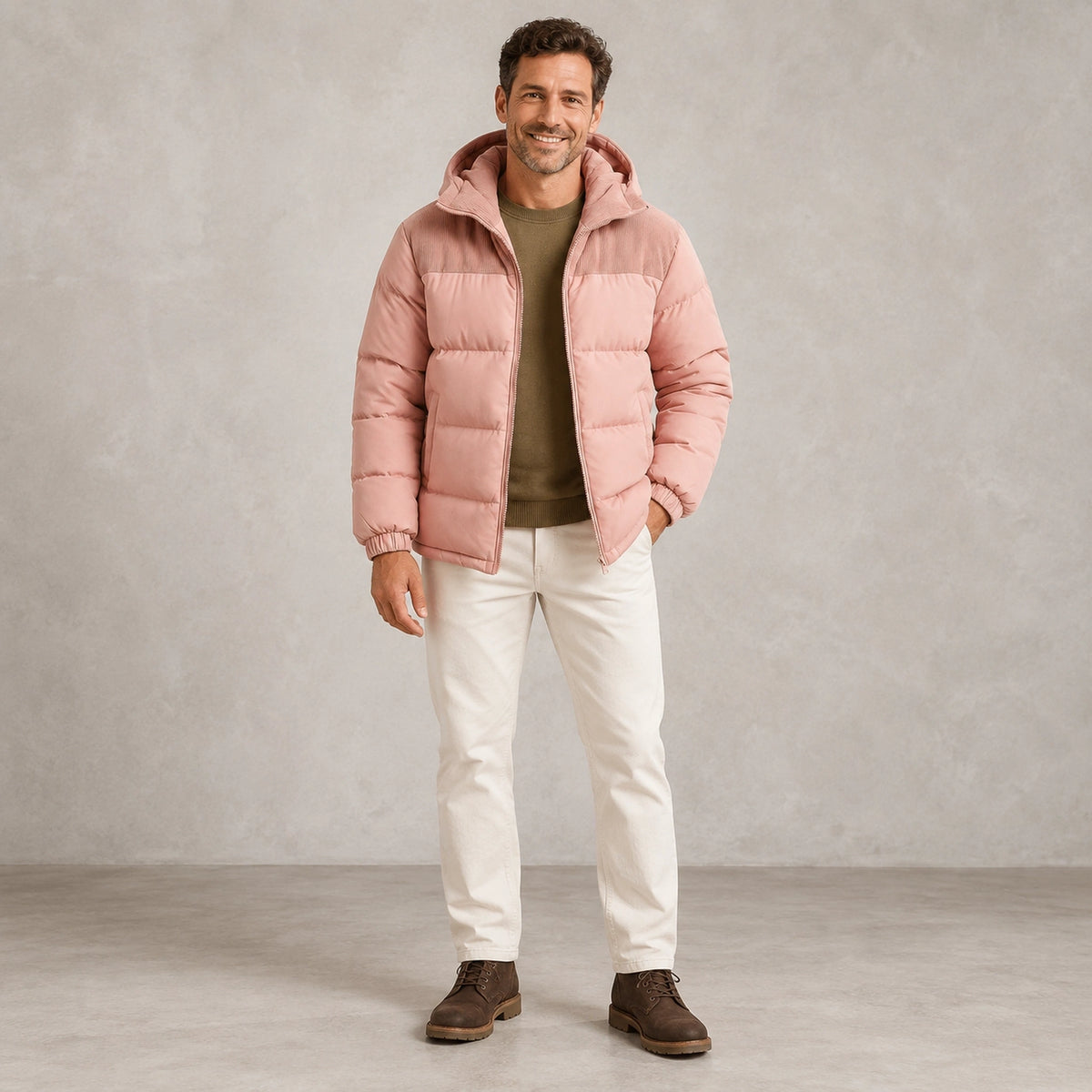 puffer jacket — Full front view; Dusty Pink; complete product worn by a happy adult model — view 5