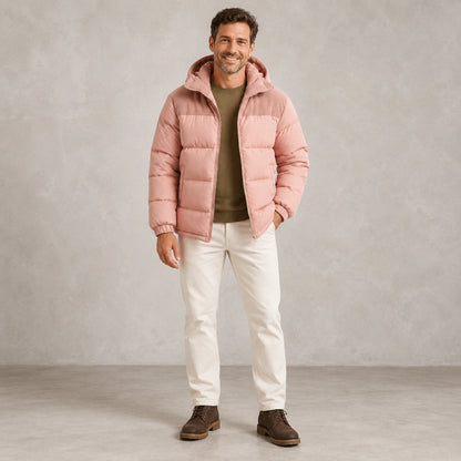 puffer jacket — Full front view; Dusty Pink; complete product worn by a happy adult model — view 5