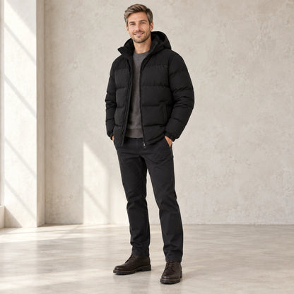 puffer jacket — Usa and Canada October–December three quarter view; Black; complete product worn by a happy adult — view 6