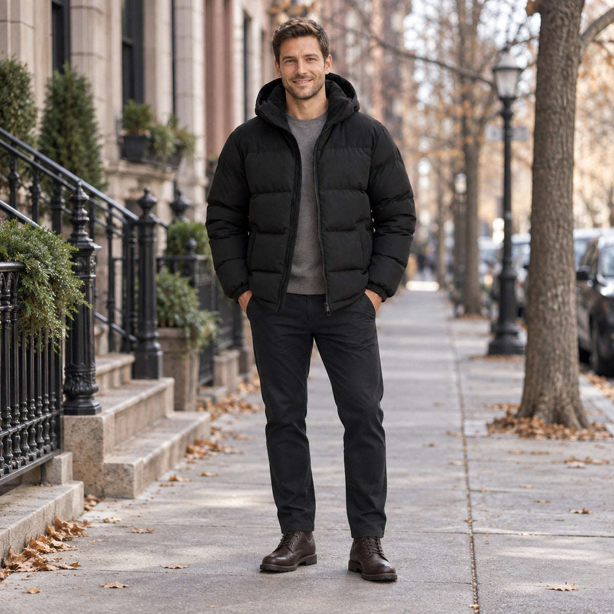 puffer jacket — Usa and Canada October–December 1; Black; complete product worn by a happy adult model — view 8