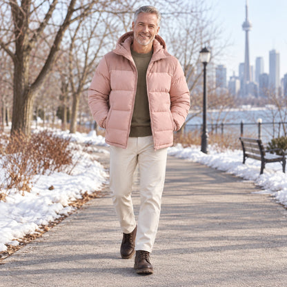 puffer jacket — Usa and Canada October–December 2; Dusty Pink; complete product worn by a happy adult model — view 9
