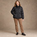 puffer jacket — Image; full front view; Black; complete product worn by a happy adult model