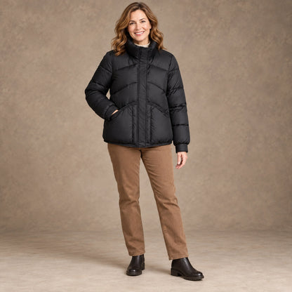 puffer jacket — Image; full front view; Black; complete product worn by a happy adult model