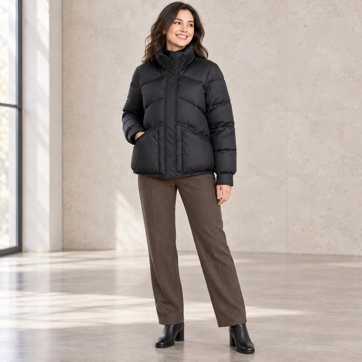 puffer jacket — Usa and Canada October–December three quarter view; Black; complete product worn by a happy adult — view 2