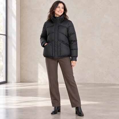 puffer jacket — Usa and Canada October–December three quarter view; Black; complete product worn by a happy adult — view 2