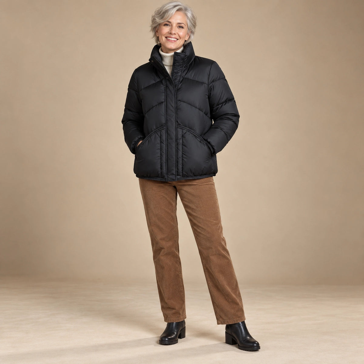 puffer jacket — Usa and Canada October–December alternate angle; Black; complete product worn by a happy adult model — view 3