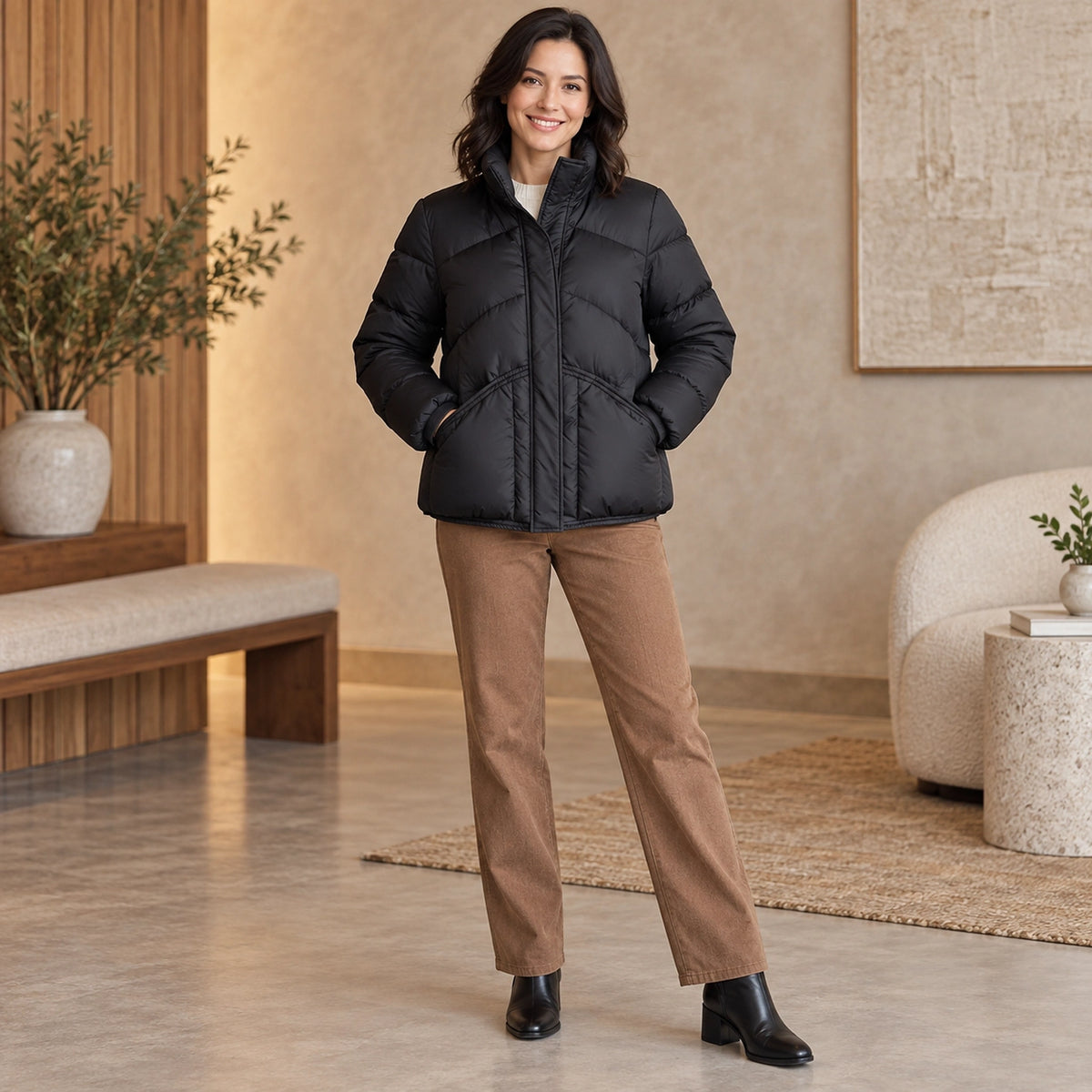 puffer jacket — Usa and Canada October–December front relaxed pose; Black; complete product worn by a happy adult — view 4
