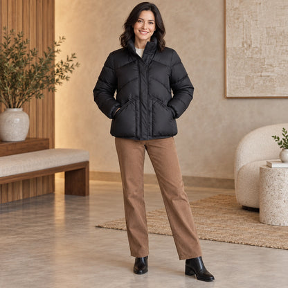 puffer jacket — Usa and Canada October–December front relaxed pose; Black; complete product worn by a happy adult — view 4
