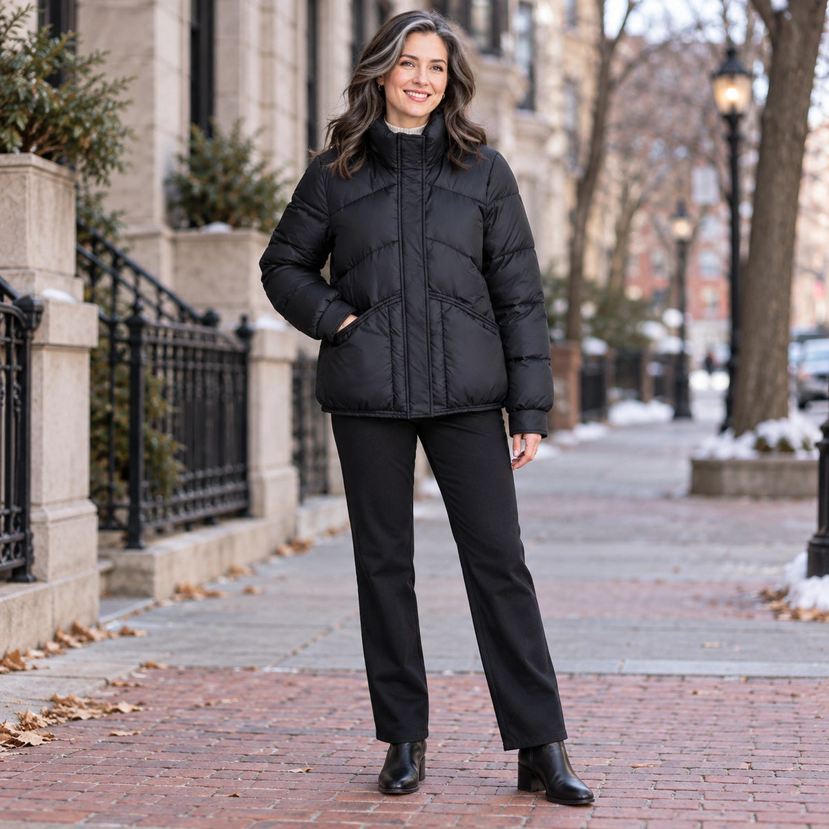 puffer jacket — Usa and Canada October–December 1; Black; complete product worn by a happy adult model — view 6