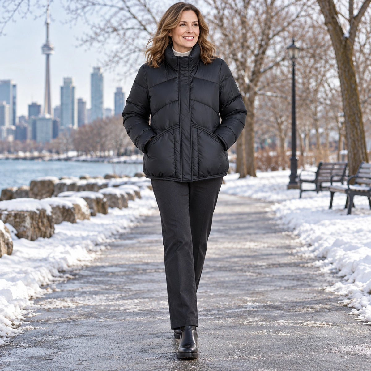 puffer jacket — Usa and Canada October–December 2; Black; complete product worn by a happy adult model — view 7