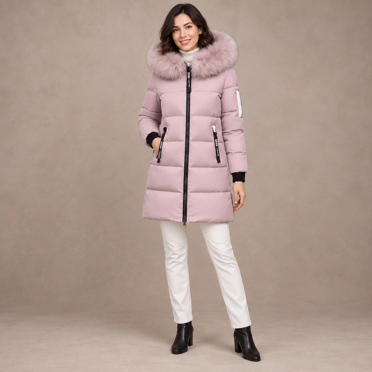 puffer jacket — Image; full front view; Light Pink; complete product worn by a happy adult model