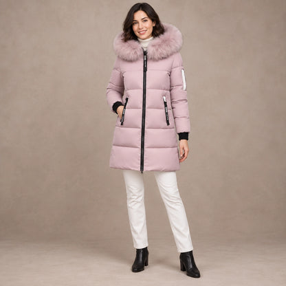 puffer jacket — Image; full front view; Light Pink; complete product worn by a happy adult model