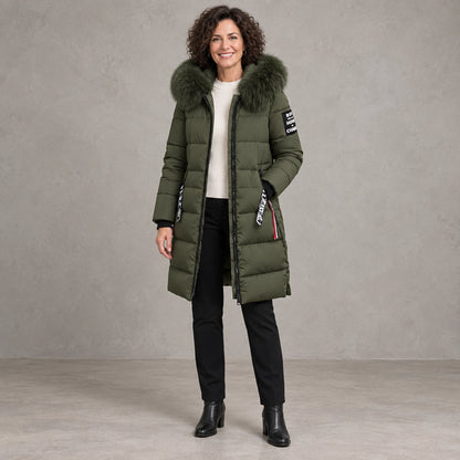 puffer jacket — Full front view; Olive Green; complete product worn by a happy adult model — view 2
