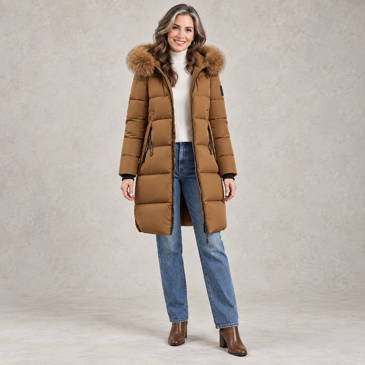 puffer jacket — Full front view; Brown; complete product worn by a happy adult model — view 3