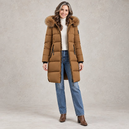 puffer jacket — Full front view; Brown; complete product worn by a happy adult model — view 3