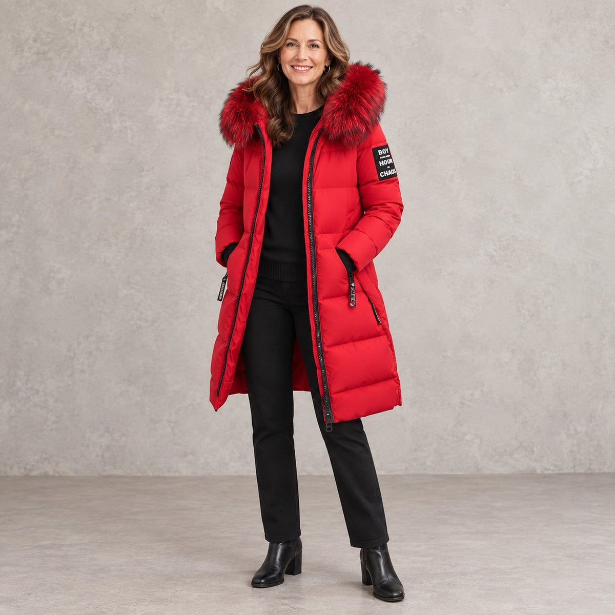 puffer jacket — Full front view; Red; complete product worn by a happy adult model — view 4