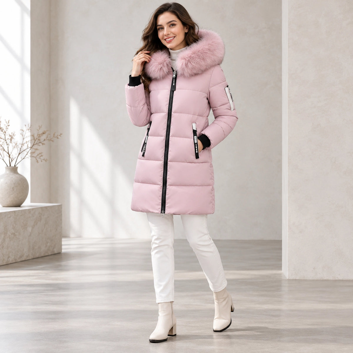 puffer jacket — Usa and Canada October–December three quarter view; Light Pink; complete product worn by a happy — view 5