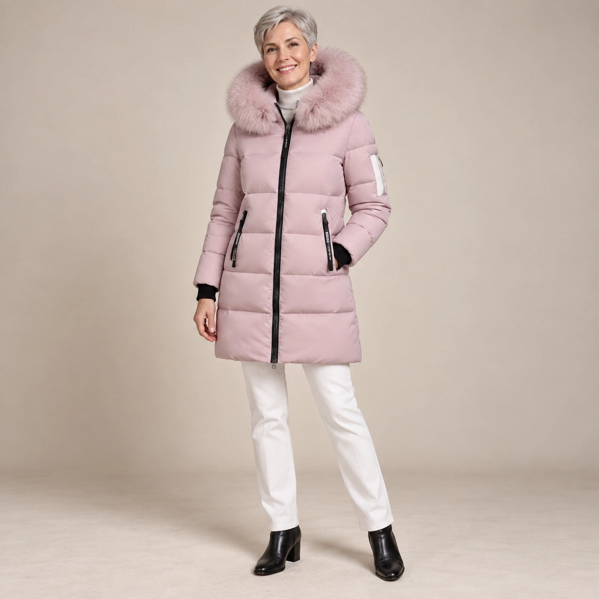 puffer jacket — Usa and Canada October–December alternate angle; Light Pink; complete product worn by a happy adult — view 6