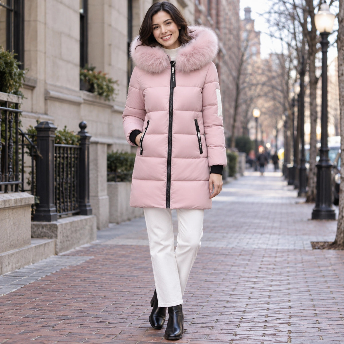 puffer jacket — Usa and Canada October–December 1; Light Pink; complete product worn by a happy adult model — view 7