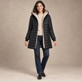 puffer jacket — Image; full front view; Black; complete product worn by a happy adult model