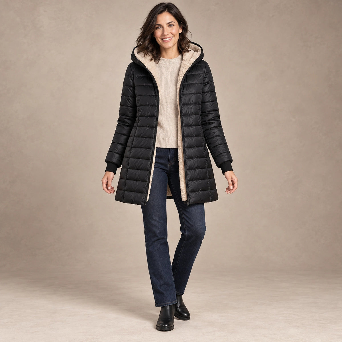 puffer jacket — Image; full front view; Black; complete product worn by a happy adult model