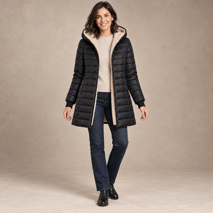 puffer jacket — Image; full front view; Black; complete product worn by a happy adult model