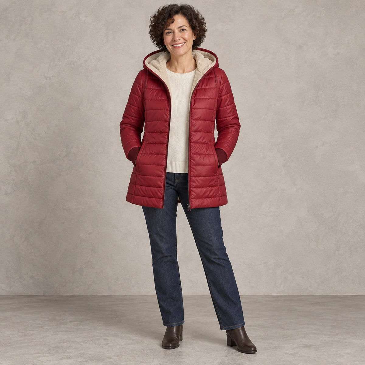 puffer jacket — Full front view; Burgundy Red; complete product worn by a happy adult model — view 2