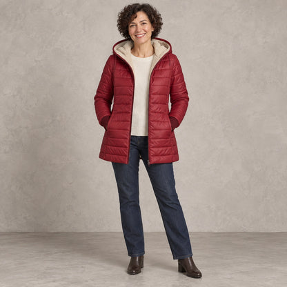 puffer jacket — Full front view; Burgundy Red; complete product worn by a happy adult model — view 2