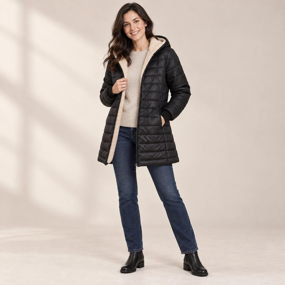 puffer jacket — Usa and Canada October–December alternate angle; Black; complete product worn by a happy adult model — view 5