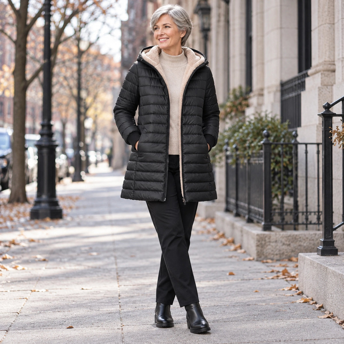 puffer jacket — Usa and Canada October–December 1; Black; complete product worn by a happy adult model — view 6