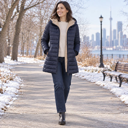 puffer jacket — Usa and Canada October–December 2; Navy Blue; complete product worn by a happy adult model — view 7