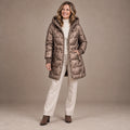 puffer jacket — Image; full front view; Metallic Bronze; complete product worn by a happy adult model