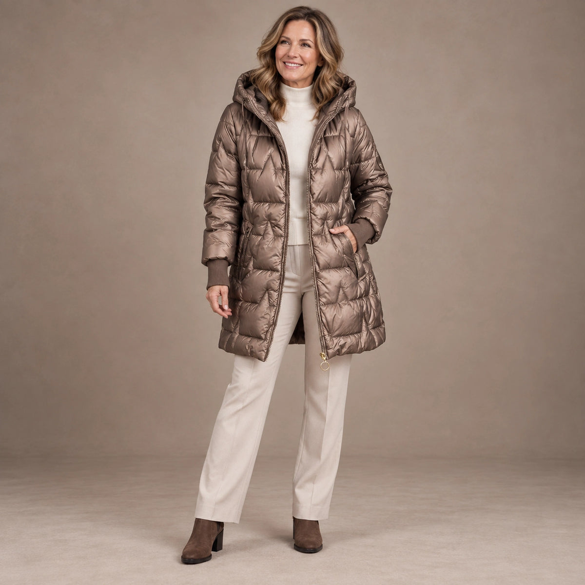 puffer jacket — Image; full front view; Metallic Bronze; complete product worn by a happy adult model