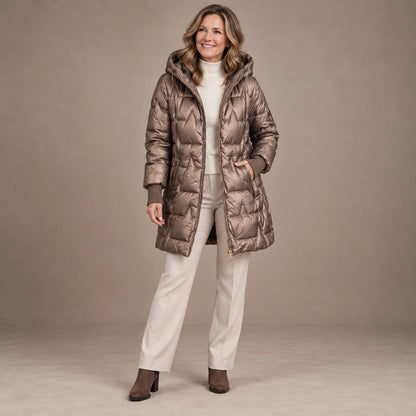 puffer jacket — Image; full front view; Metallic Bronze; complete product worn by a happy adult model