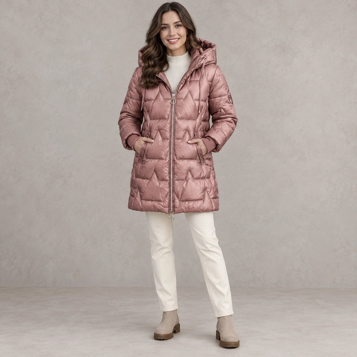 puffer jacket — Full front view; Metallic Rose; complete product worn by a happy adult model — view 2